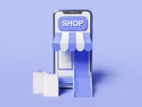 3d illustration smartphone with store screen with paper bags shop online concept